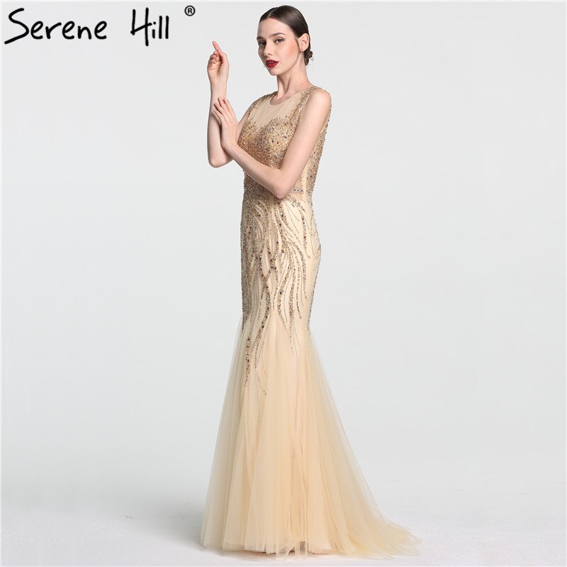On Sale no return no refundSale O-Neck Luxury Illusion Mermaid Evening Dresses Long Sexy Beading Crystal Fashion Evening Gown Serene Hill LA6119 - SERENE HILL