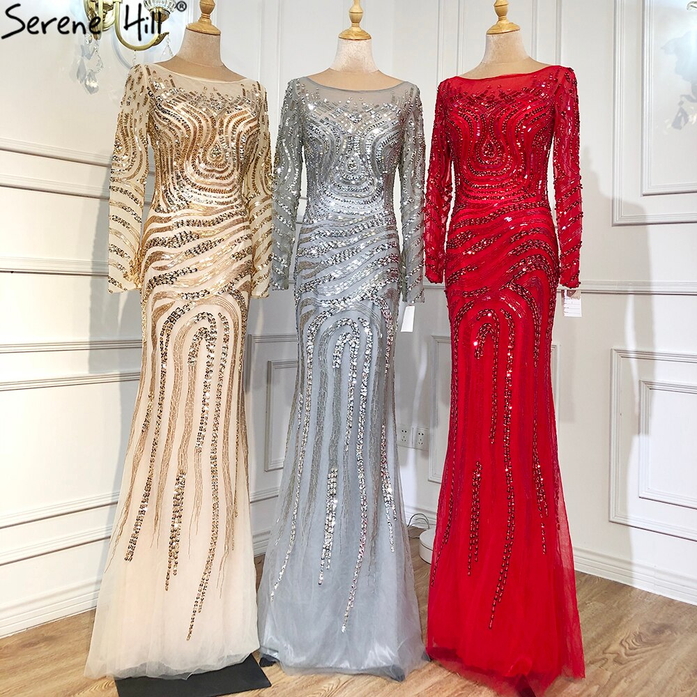 On Sale no return no refundSale 2025 High-end Luxury Beading Mermaid Evening Dresses Newest Long Sleeves Fashion Sexy Evening Gowns Real Photo LA6405 - SERENE HILL