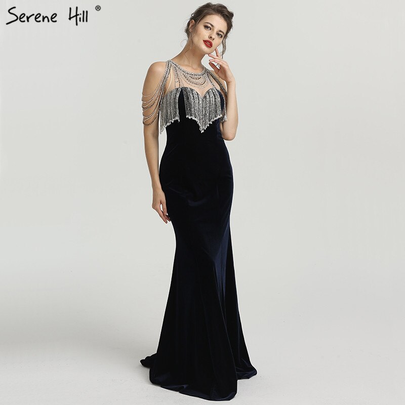 On Sale no return no refundSale 2025 Sleeveless Beading Tassel Mermaid Evening Dresses New Red Velour Sexy Elegant Evening Gowns Serene Hill LA6586 - SERENE HILL