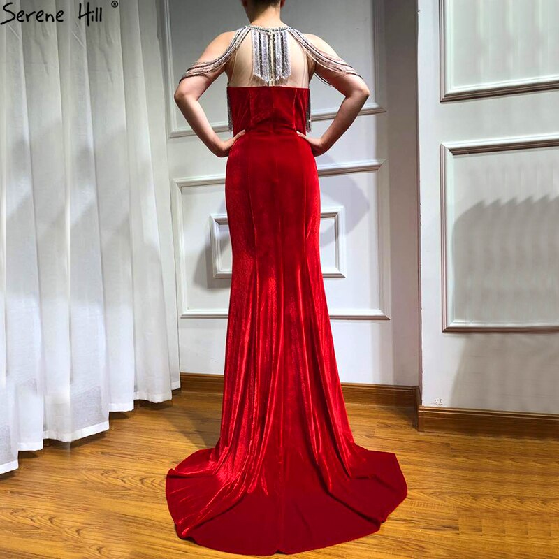 On Sale no return no refundSale 2025 Sleeveless Beading Tassel Mermaid Evening Dresses New Red Velour Sexy Elegant Evening Gowns Serene Hill LA6586 - SERENE HILL