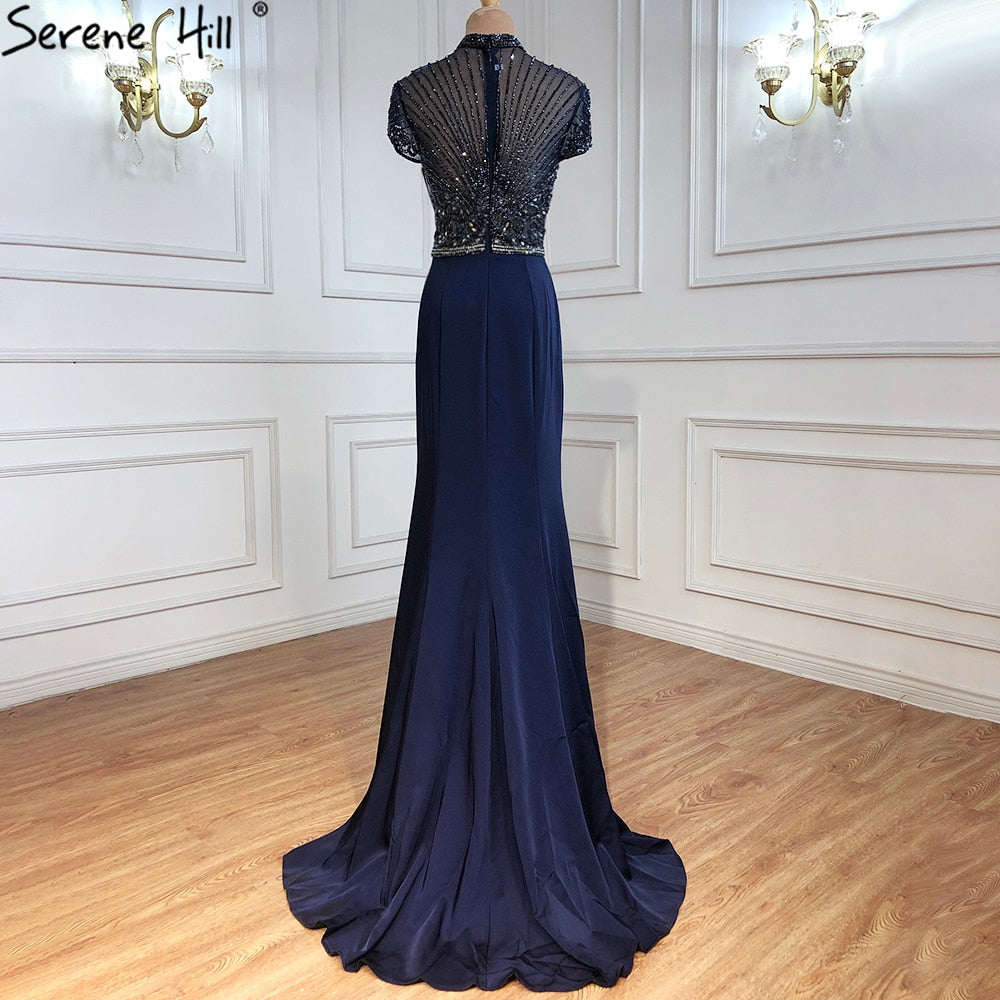 Sale Black High Neck Satin Mermaid Evening Dresses 2025 Beading Crystal Short Sleeves Sexy Evening Gowns Serene Hill LA70162 - SERENE HILL
