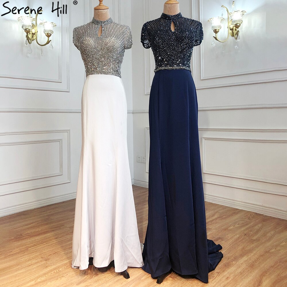 Sale Black High Neck Satin Mermaid Evening Dresses 2025 Beading Crystal Short Sleeves Sexy Evening Gowns Serene Hill LA70162 - SERENE HILL