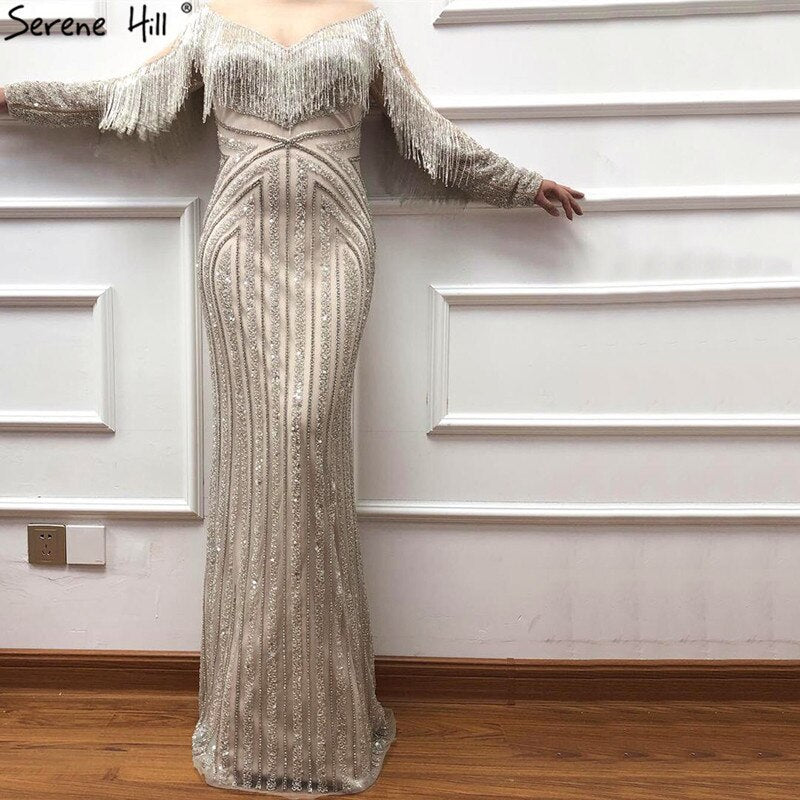On Sale No Return No Refund Black Luxury Sexy Evening Dresses 2025 Slim Mermaid Tassel Beading Long Sleeves Evening Gowns For Woman LA60716 - SERENE HILL