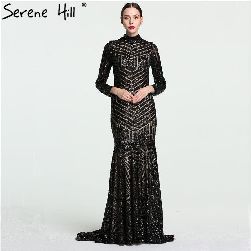 Sale Black Mermaid High Neck Luxury Evening Dresses Sequined Long Sleeves Formal Evening Gowns 2025 Serene Hill LA6090 - SERENE HILL