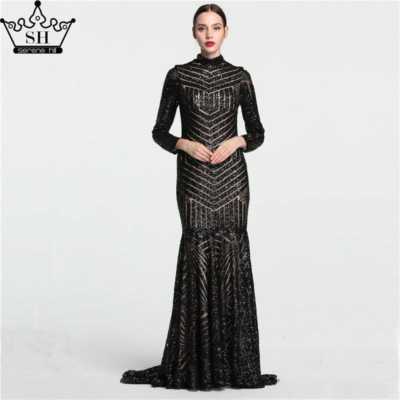 Sale Black Mermaid High Neck Luxury Evening Dresses Sequined Long Sleeves Formal Evening Gowns 2025 Serene Hill LA6090 - SERENE HILL