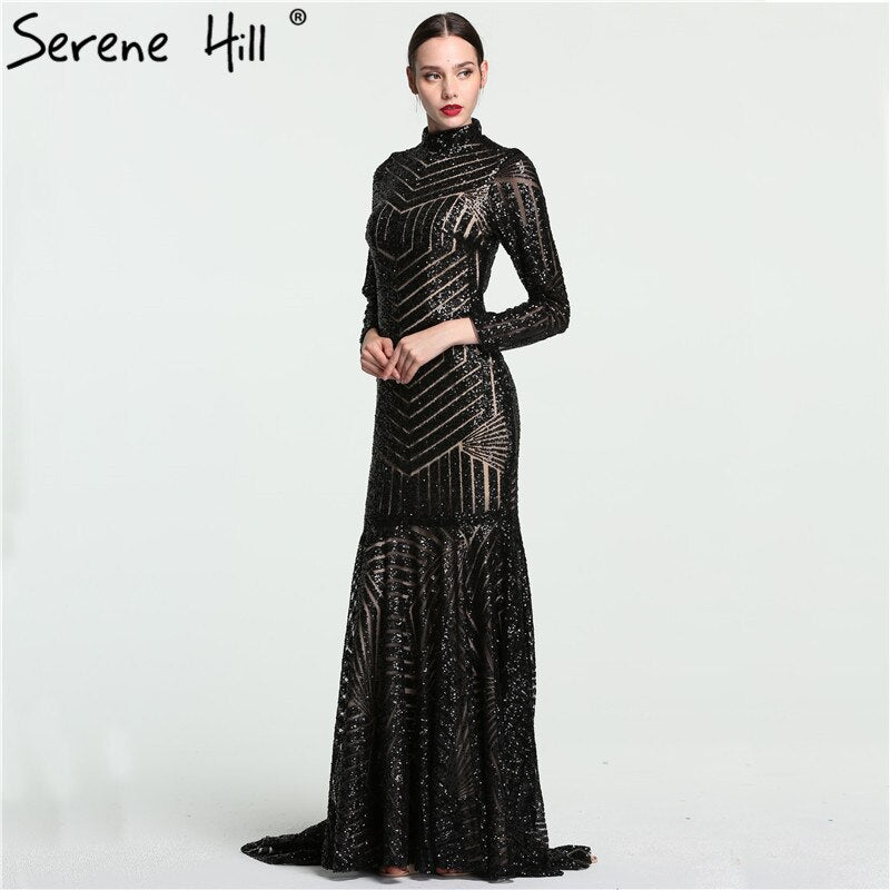 Sale Black Mermaid High Neck Luxury Evening Dresses Sequined Long Sleeves Formal Evening Gowns 2025 Serene Hill LA6090 - SERENE HILL
