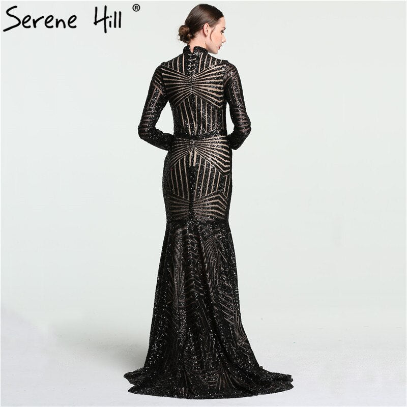 Sale Black Mermaid High Neck Luxury Evening Dresses Sequined Long Sleeves Formal Evening Gowns 2025 Serene Hill LA6090 - SERENE HILL