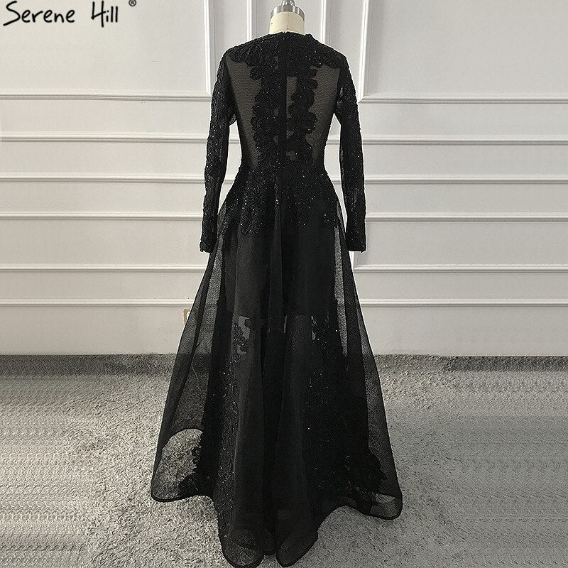 Luxury Black Flowers Evening Dresses With Long Sleeve LA60837 On Sale - SERENE HILL