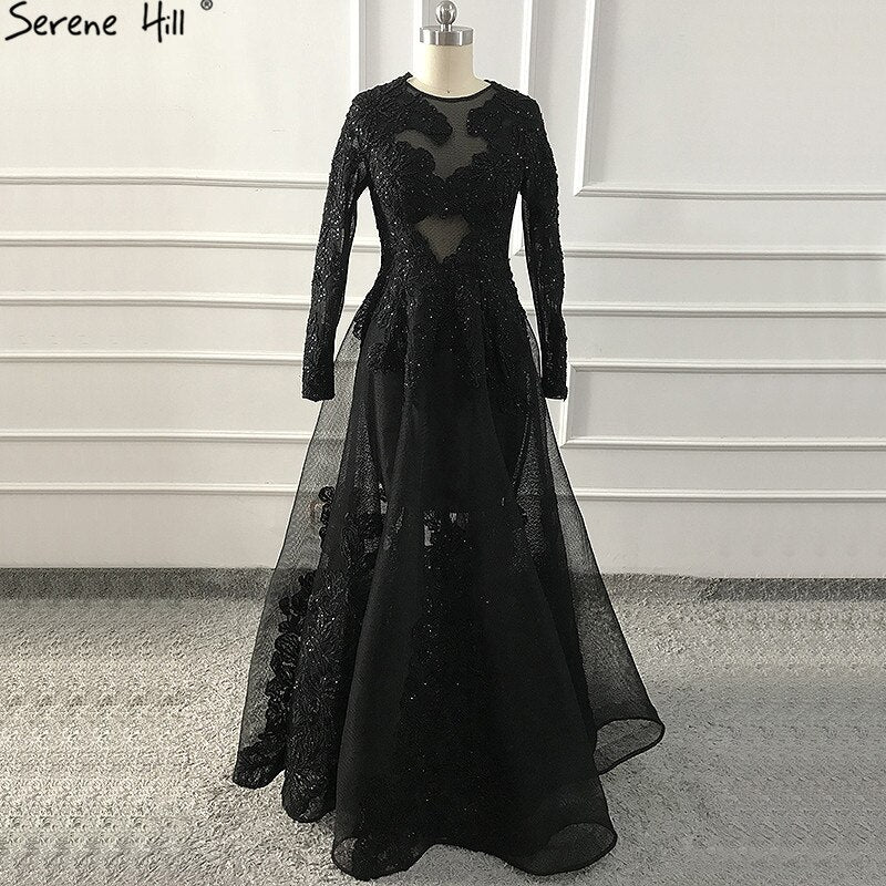 Luxury Black Flowers Evening Dresses With Long Sleeve LA60837 On Sale - SERENE HILL