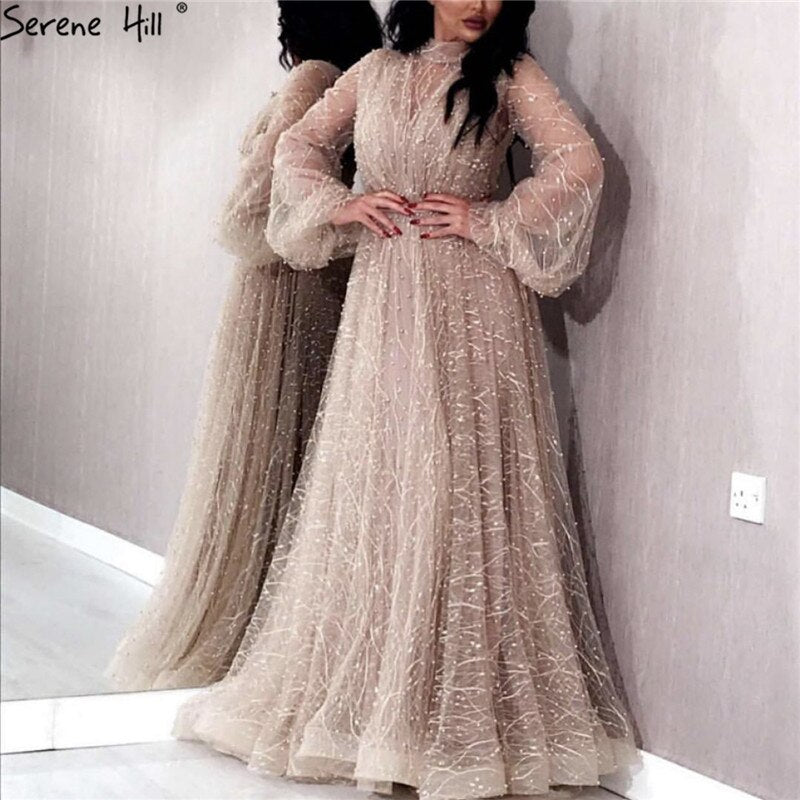Black Peach Pearls A-Line Evening Dresses 2025 Latest Design Long Sleeves Sexy Evening Gowns Serene Hill Plus Size LA60835 - SERENE HILL