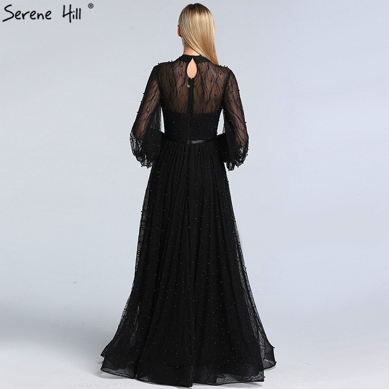 Black Peach Pearls A-Line Evening Dresses 2025 Latest Design Long Sleeves Sexy Evening Gowns Serene Hill Plus Size LA60835 - SERENE HILL