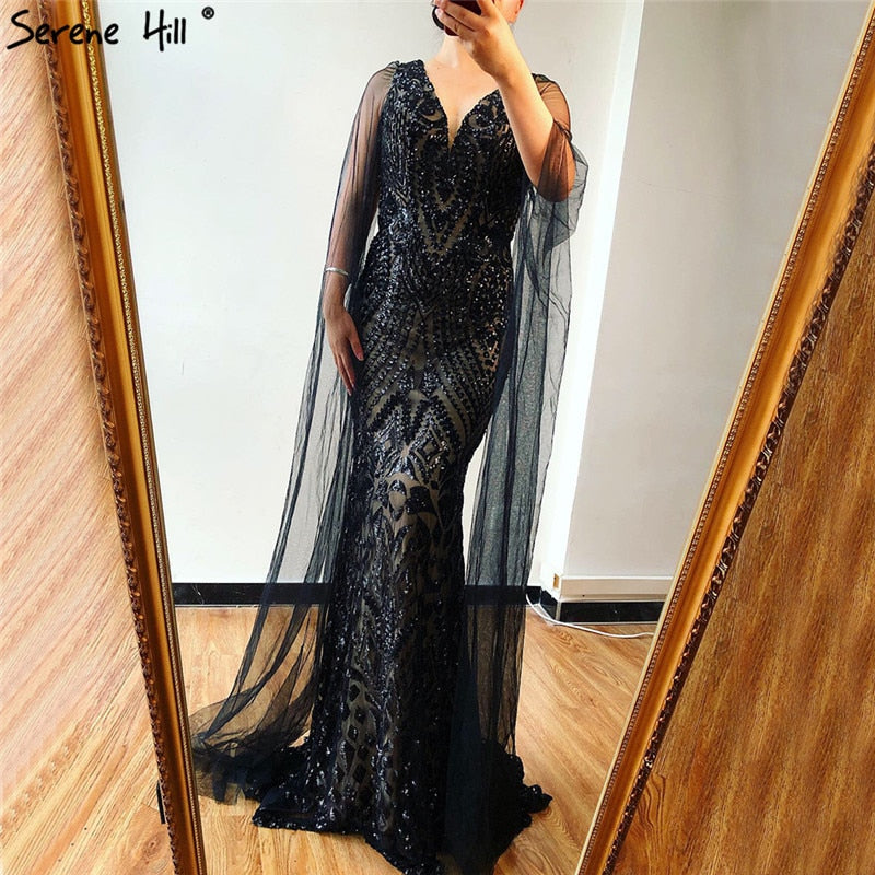 Black V-Neck Sequined Sexy Evening Dressese Mermaid Sleeveless Sparkle Evening Gowns Design 2025 Serene Hill LA70117 - SERENE HILL