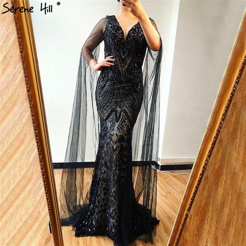 Black V-Neck Sequined Sexy Evening Dressese Mermaid Sleeveless Sparkle Evening Gowns Design 2025 Serene Hill LA70117 - SERENE HILL