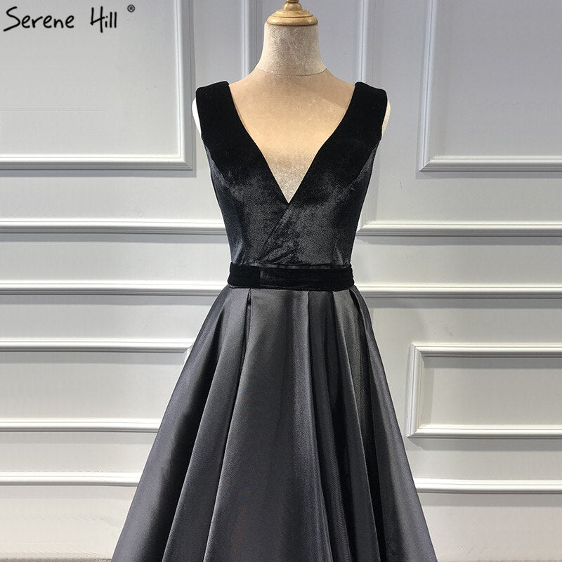 On Sale No Return No Refund Sale Black Velour Sleeveless A-Line Sexy Evening Dresses 2025 Real Photo Deep-V Simple Formal Dress Serene Hill LA60951 - SERENE HILL