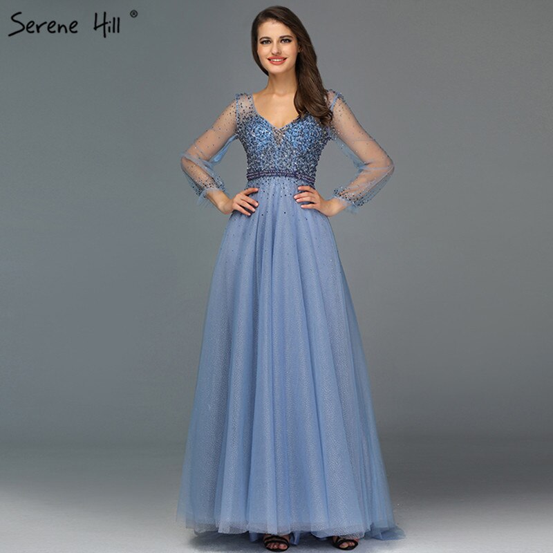 Blau Langen Ärmeln A-Line Abend Dressese Design 2025 V-ausschnitt Perlen Kristall Abendkleider Lange Ruhigen Hill LA70143 - SERENE HILL