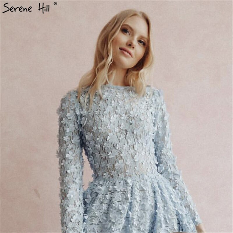 Sale Blue Flowers Evening Dresses 2025 Muslim Long Sleeves Ankle length Midi Dresses Evening Gowns Serene Hill LA60905 - SERENE HILL