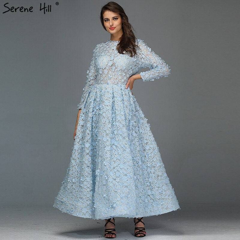 Sale Blue Flowers Evening Dresses 2025 Muslim Long Sleeves Ankle length Midi Dresses Evening Gowns Serene Hill LA60905 - SERENE HILL