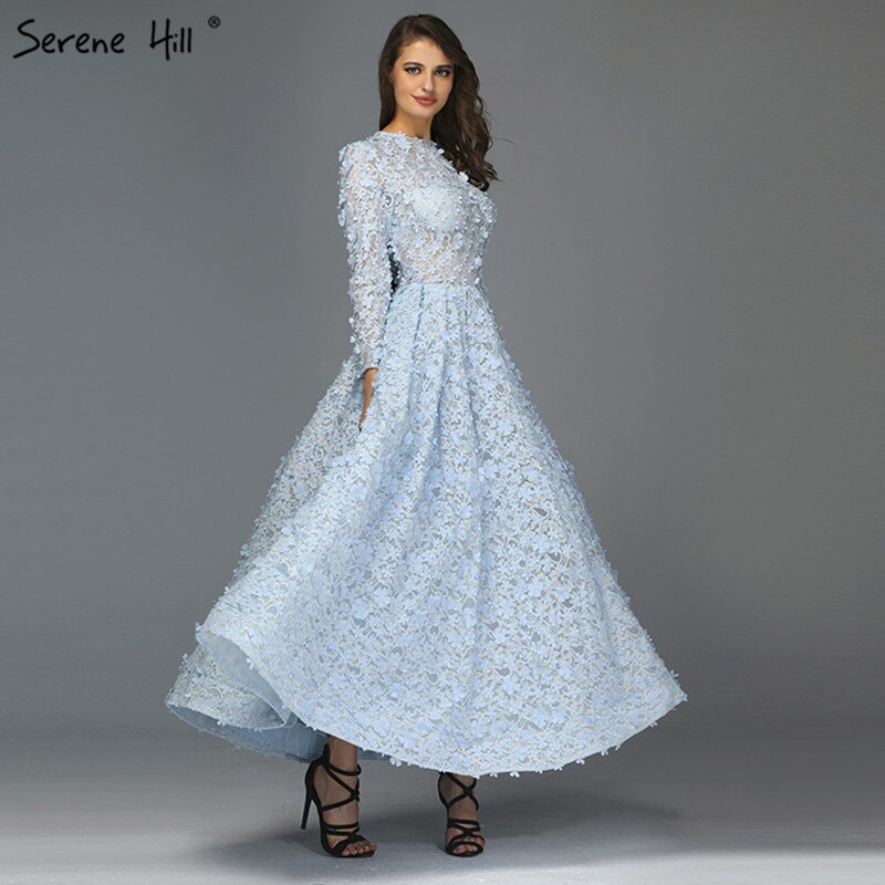 Sale Blue Flowers Evening Dresses 2025 Muslim Long Sleeves Ankle length Midi Dresses Evening Gowns Serene Hill LA60905 - SERENE HILL