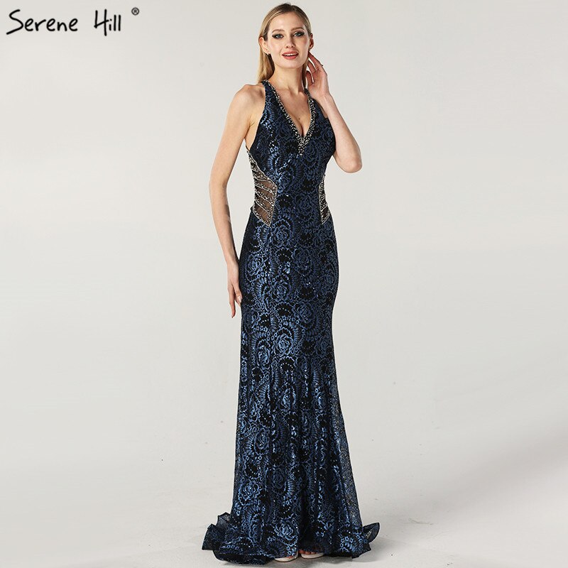 On Sale no return no refundSale Blue Halter Sleeveless Dubai Design Evening Dresses Real Photo Beading Lace Sexy Evening Gowns 2025 Serene Hill LA60818 - SERENE HILL