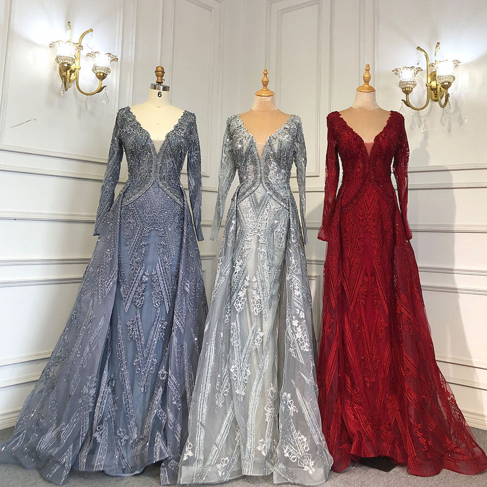 Blue Luxury Mermaid Overskirt Evening Dresses Gowns 2025 Beaded Elegant Long Sleeves For Women Party Serene Hill LA71619 - SERENE HILL