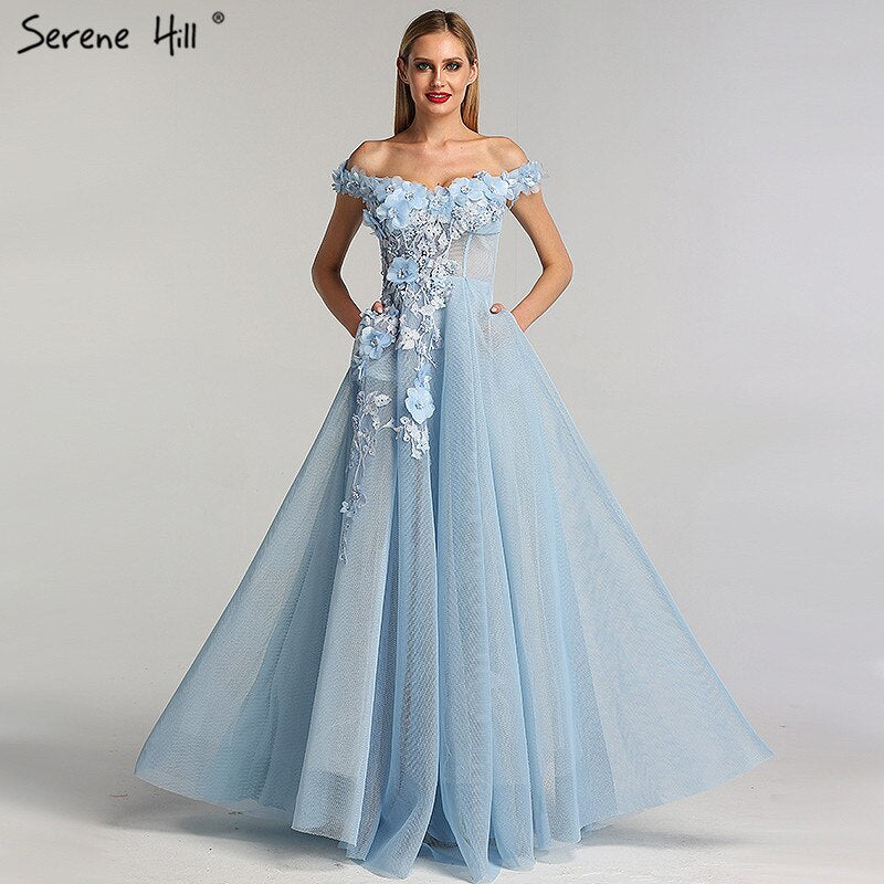 Sale Blue Off Shoulder Sexy Beach Evening Dresses Handmade Flowers Pearls Sleeveless Evening Gowns 2025 Serene Hill LA60868 - SERENE HILL