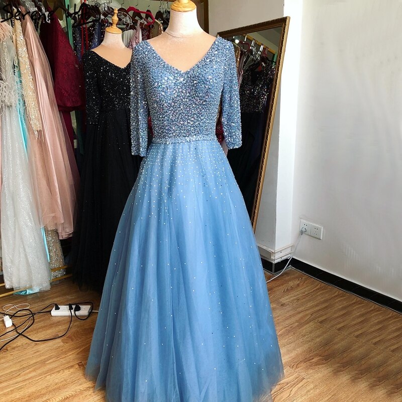 On Sale no return no refundBlue V-neck Sexy Ball Gowns Evening Dresses 2025 Crystal Sparkle Tulle Formal Dress Design Serene Hill LA70481 - SERENE HILL