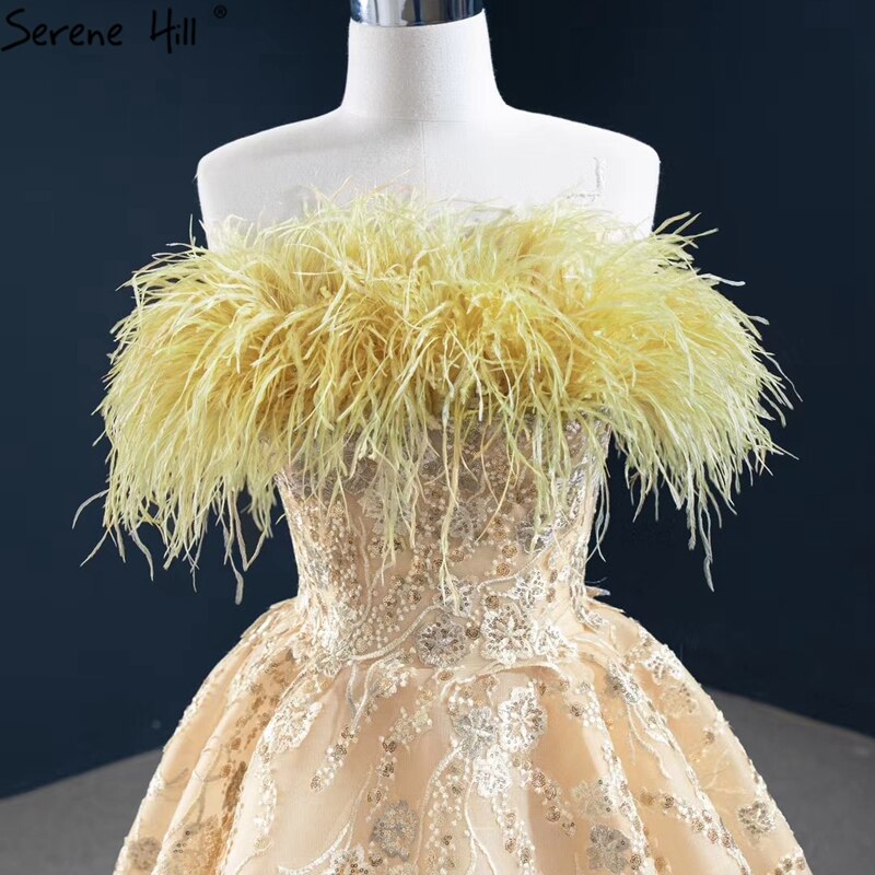 Champagne A-Line Sexy Evening Dresses 2025 Off Shoulder Feathers Sparkle Formal Dress Serene Hill HM67164 - SERENE HILL