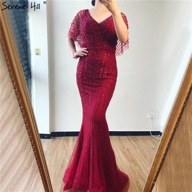 Sale Champagne Dubai Luxury Half Sleeves Evening Dresses 2025 Mermaid Beading Crystal Evening Gowns Design Real Photo LA70163 - SERENE HILL