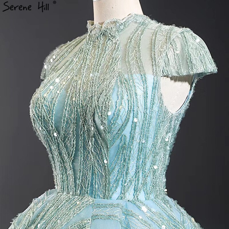 Clear Water Blue High Collar Evening Dresses 2025 Short Sleeve Lace Sequined Bridal Gowns Design Real Photo HM66981 - SERENE HILL