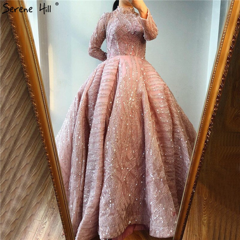 Clear Water Blue High Collar Evening Dresses 2025 Short Sleeve Lace Sequined Bridal Gowns Design Real Photo HM66981 - SERENE HILL