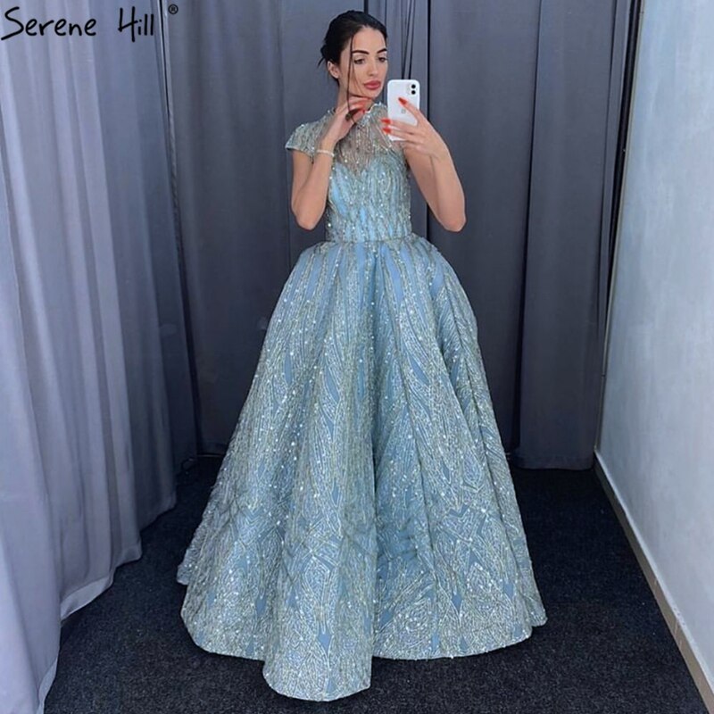 Clear Water Blue High Collar Evening Dresses 2025 Short Sleeve Lace Sequined Bridal Gowns Design Real Photo HM66981 - SERENE HILL