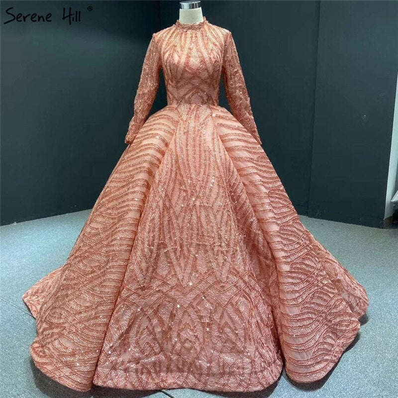 Clear Water Blue High Collar Evening Dresses 2025 Short Sleeve Lace Sequined Bridal Gowns Design Real Photo HM66981 - SERENE HILL