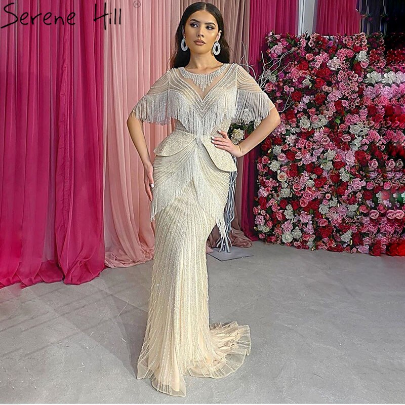 Dubai Beige Tassel Beading Mermaid Evening Dresses Design 2025 Half Sleeves Luxury Sexy Formal Dress Serene Hill LA70342 - grey / 8 Dubai Beige Tassel Beading Mermaid Evening Dresses Design 2025 Half Sleeves Luxury Sexy Formal Dress Serene Hill LA70342 - grey / 8