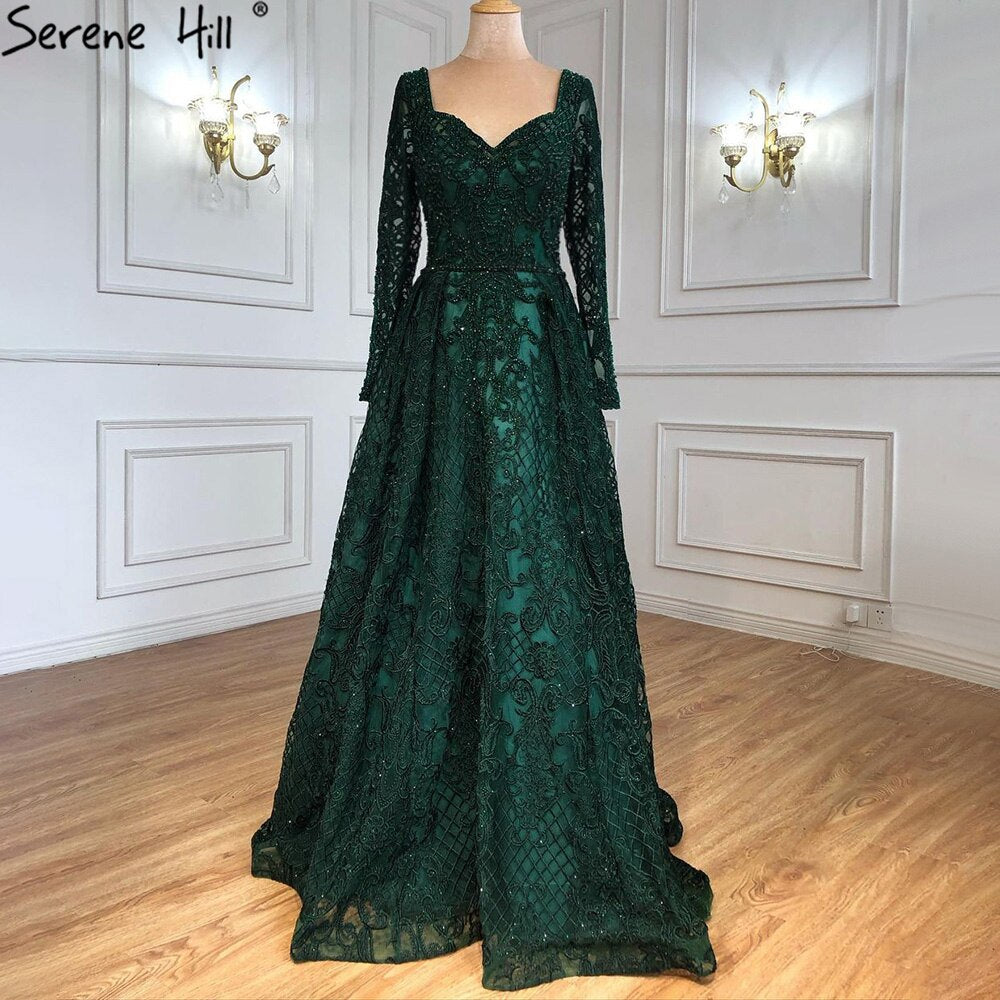 Dubai Blue Muslim Lace Beading Luxury Evening Dresses 2025 Long Plus Size Dress Evening Gowns LA60899 For Women - SERENE HILL