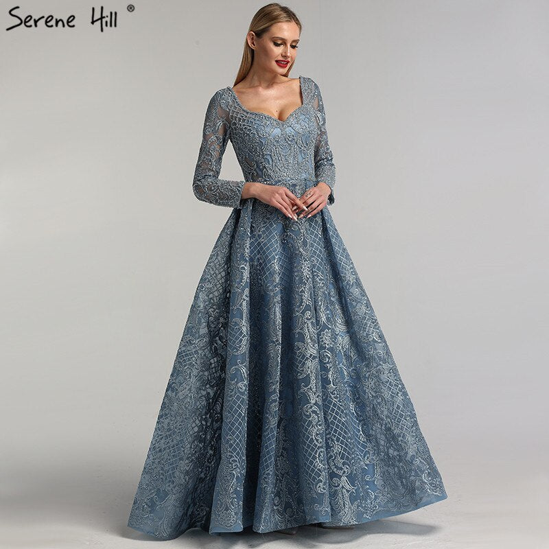 Dubai Blue Muslim Lace Beading Luxury Evening Dresses 2025 Long Plus Size Dress Evening Gowns LA60899 For Women - SERENE HILL