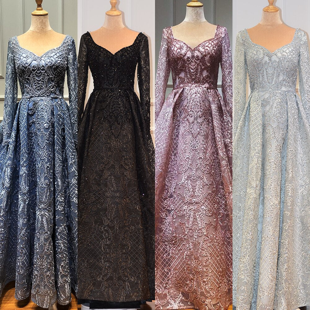 Dubai Blue Muslim Lace Beading Luxury Evening Dresses 2025 Long Plus Size Dress Evening Gowns LA60899 For Women - SERENE HILL