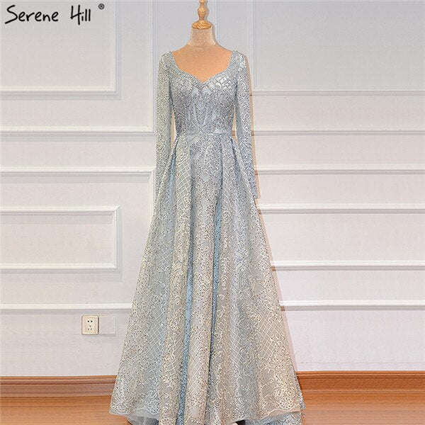 Dubai Blue Muslim Lace Beading Luxury Evening Dresses 2025 Long Plus Size Dress Evening Gowns LA60899 For Women - SERENE HILL