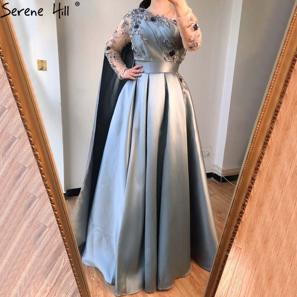 Dubai Blue O-Neck Beading Sexy Evening Dresses Design 2025 A-Line Satin Long Sleeves Formal Dress Serene Hill LA70505 - SERENE HILL