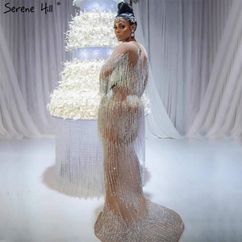 On Sale no return no refundSale Dubai Champagne Langarm Sexy Abendkleider 2025 Perlen Quaste Elegante Meerjungfrau Formale Kleid Ruhigen Hill LA6559 - SERENE HILL