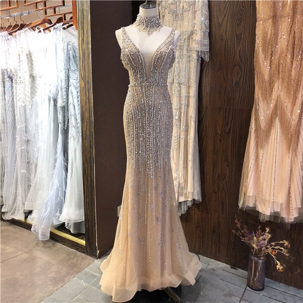 Dubai Champagne Pearls Diamond Formal Gowns Design 2025 V-Neck Sleeveless Sexy Evening Dresses Serene Hill LA70055 - SERENE HILL