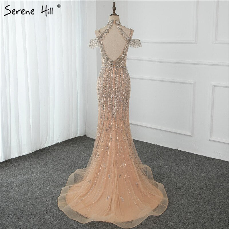 Dubai Champagne Pearls Diamond Formal Gowns Design 2025 V-Neck Sleeveless Sexy Evening Dresses Serene Hill LA70055 - SERENE HILL