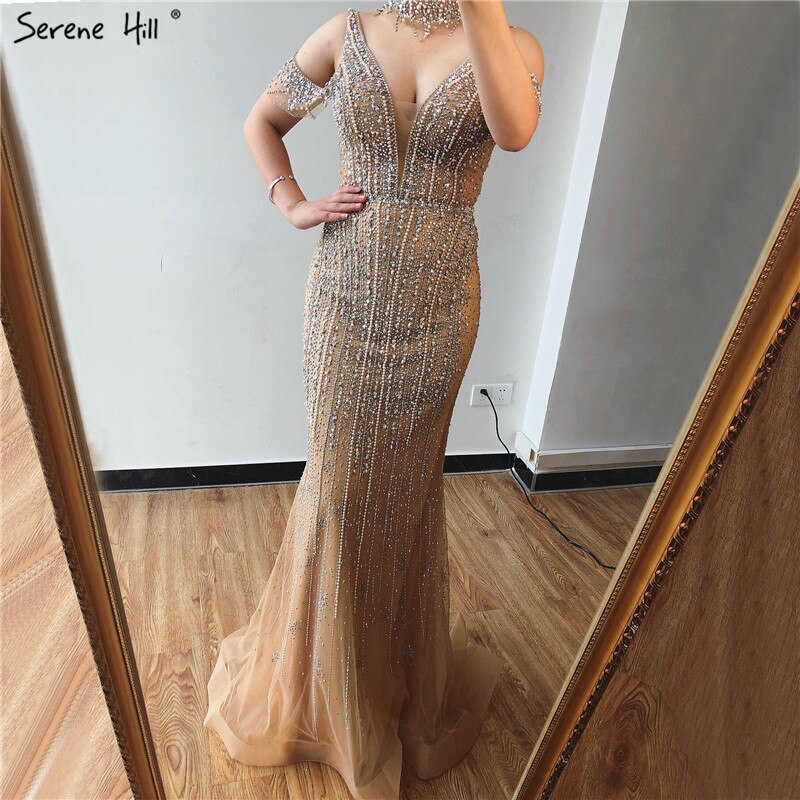 Dubai Champagne Pearls Diamond Formal Gowns Design 2025 V-Neck Sleeveless Sexy Evening Dresses Serene Hill LA70055 - SERENE HILL