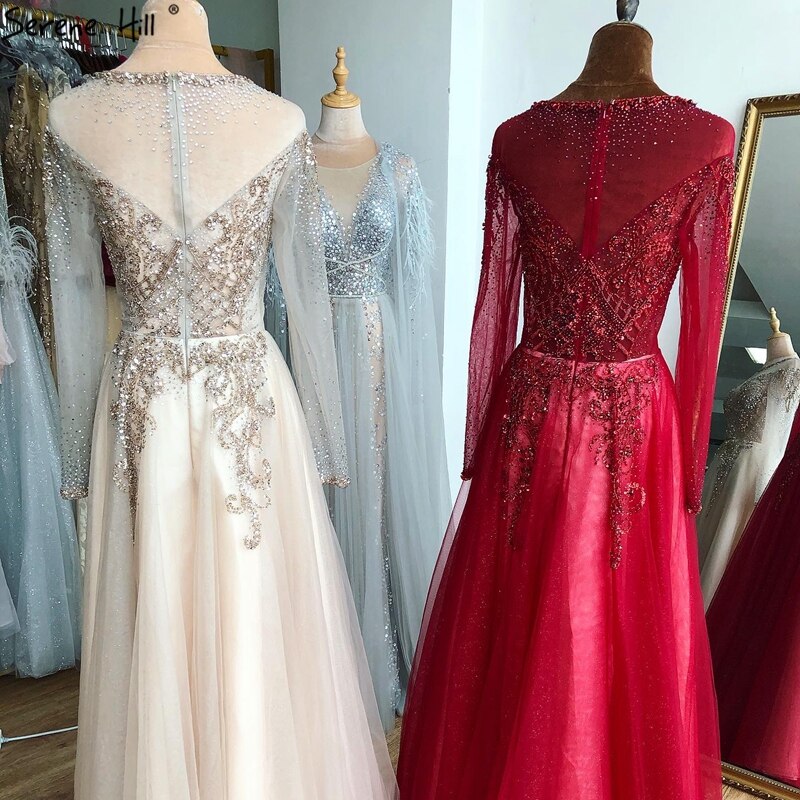 On Sale no return no refundSale Dubai Champange A-Line Sexy Evening Dresses Long Sleeves Beading Diamond Sparkle Formal Dress Serene Hill 2025 LA70647 - SERENE HILL