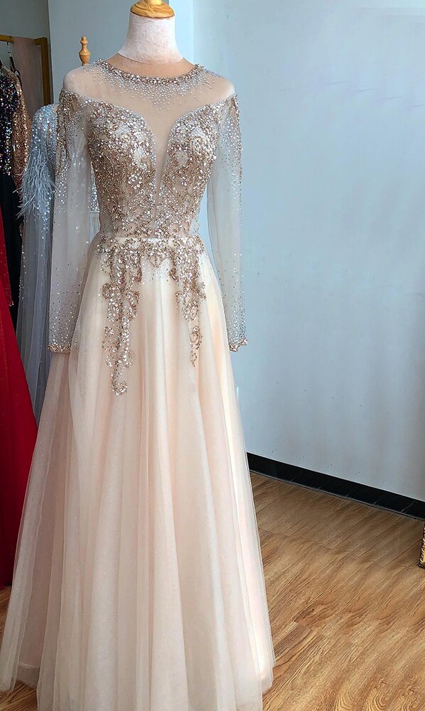 On Sale no return no refundSale Dubai Champange A-Line Sexy Evening Dresses Long Sleeves Beading Diamond Sparkle Formal Dress Serene Hill 2025 LA70647 - SERENE HILL