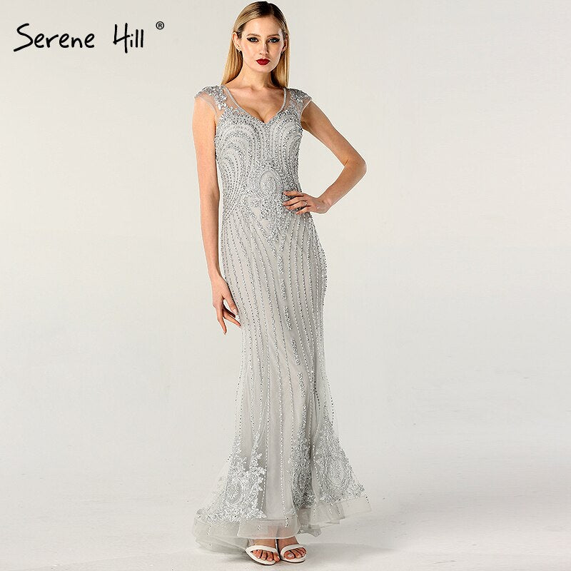 On Sale no return no refundSale Dubai Design Grey V-Neck Luxury Evening Dresses Beading Pearls Cap Sleeve Sexy Evening Gowns 2025 Serene Hill LA60821 - SERENE HILL