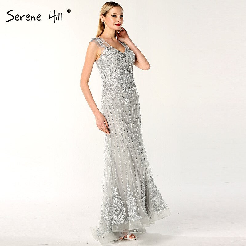 On Sale no return no refundSale Dubai Design Grey V-Neck Luxury Evening Dresses Beading Pearls Cap Sleeve Sexy Evening Gowns 2025 Serene Hill LA60821 - SERENE HILL