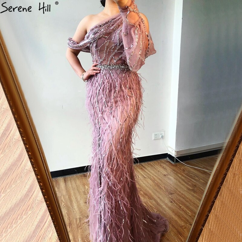Luxury Dubai Pink Feather Evening Dress LA70513 On Sale - SERENE HILL