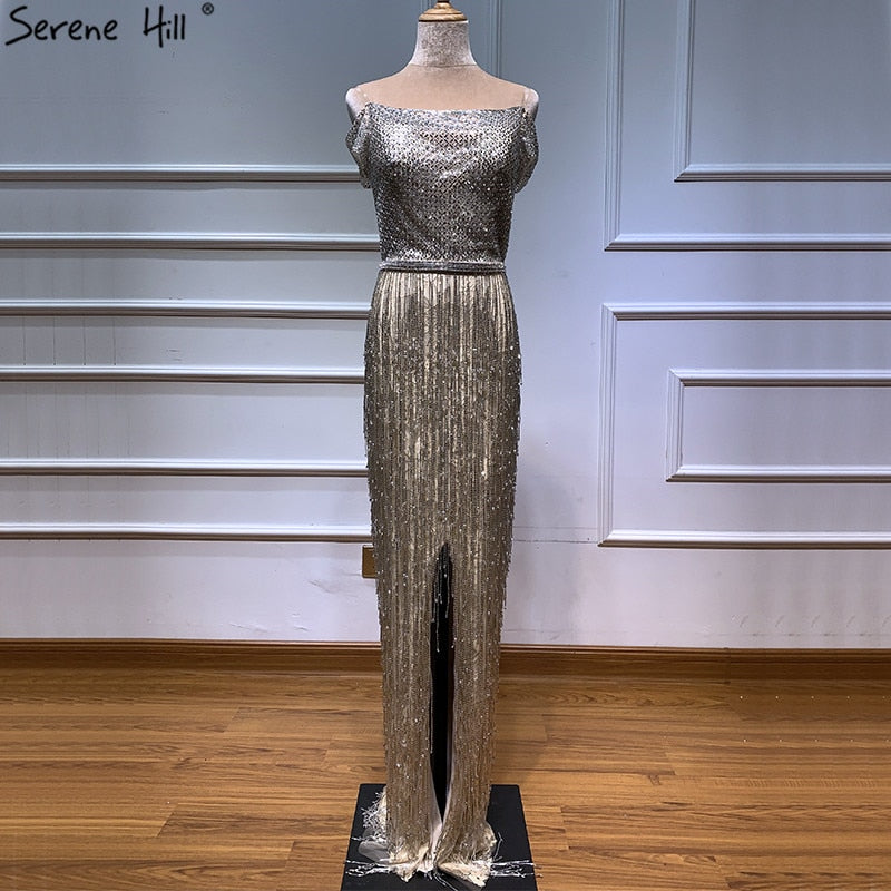 On Sale No Return No Refund Dubai Gold Boat-Neck Tassel Sexy Evening Dresses Luxruy Short Sleeveless Sequined Beading Evening Gowns Real Photo LA60826 - SERENE HILL