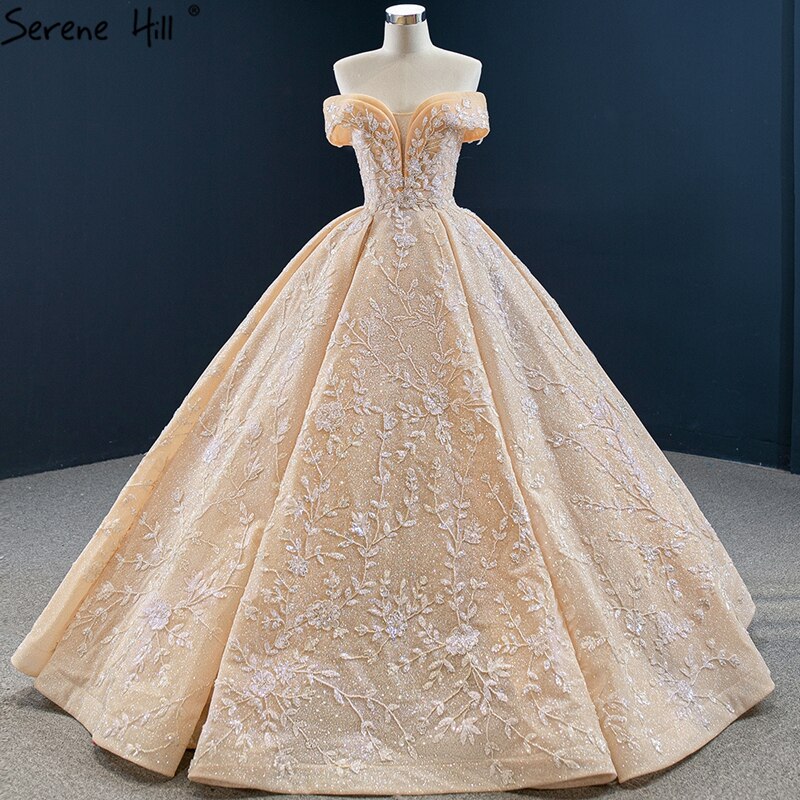 Dubai Gold Off Shoulder Design Wedding Dresses 2025 Handmade Flowers Beading Sexy Bridal Gowns HM67135 Custom Made - SERENE HILL