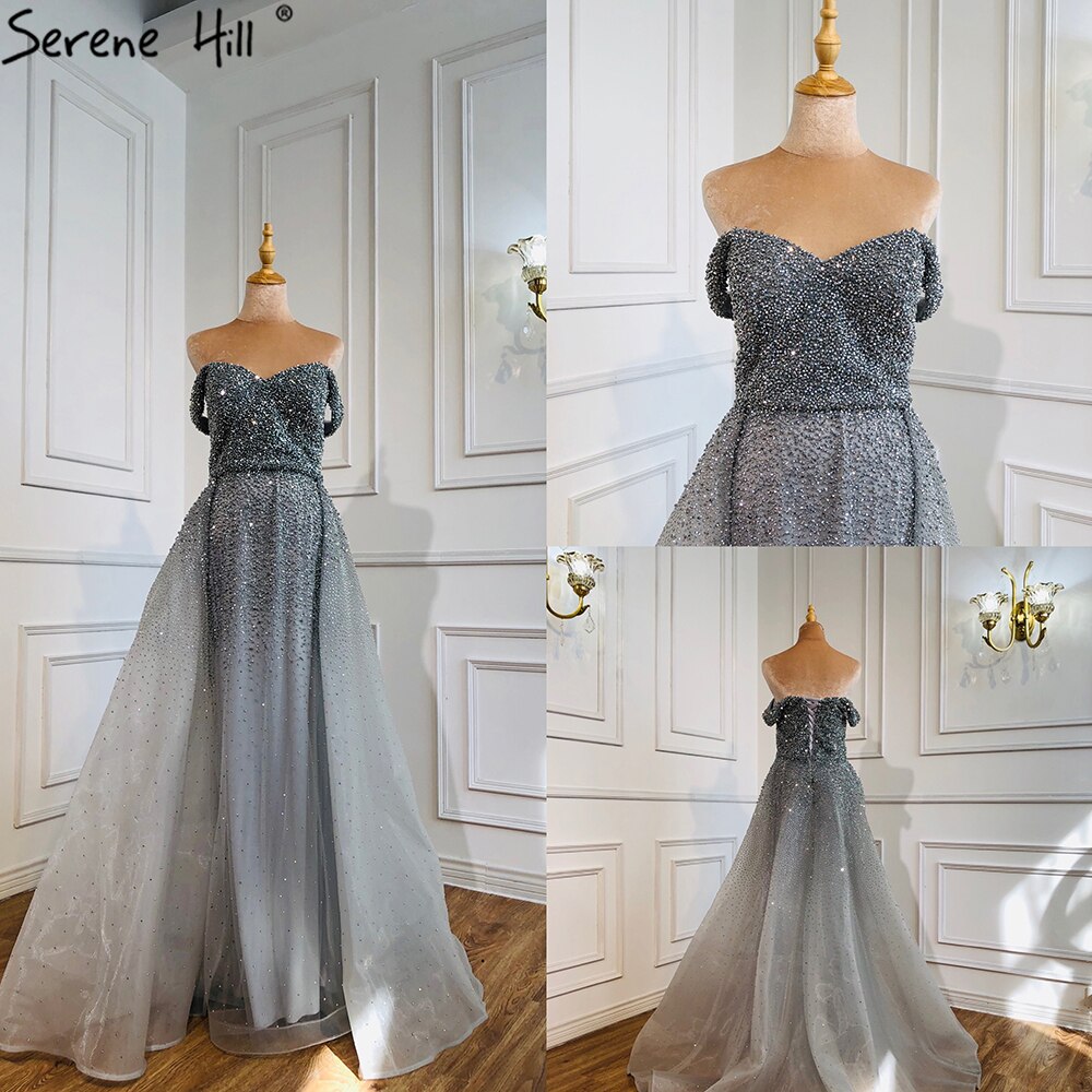 On Sale no return no refundDubai Grey Mermaid Luxury Sleeveless Evening Dresses 2025 Off Shoulder Sexy Formal Dress Design Serene Hill LA70602 - SERENE HILL